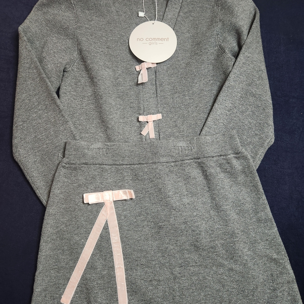 No Comment Girls Gray Skirt & Sweater Set w/Pink Bow Accents,S 7/8 NWT